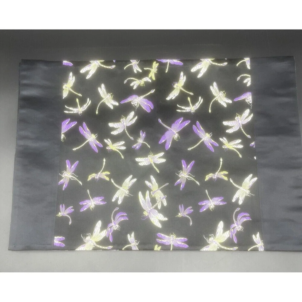 VTG‎ EMPEROR SILK Dragonfly/Firefly Black W/ Purple & Green Placemats Set Of 4